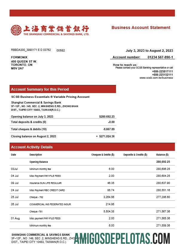 Em branco Shanghai Commercial & Savings Bank Firm modelo de extrato de conta Word e PDF